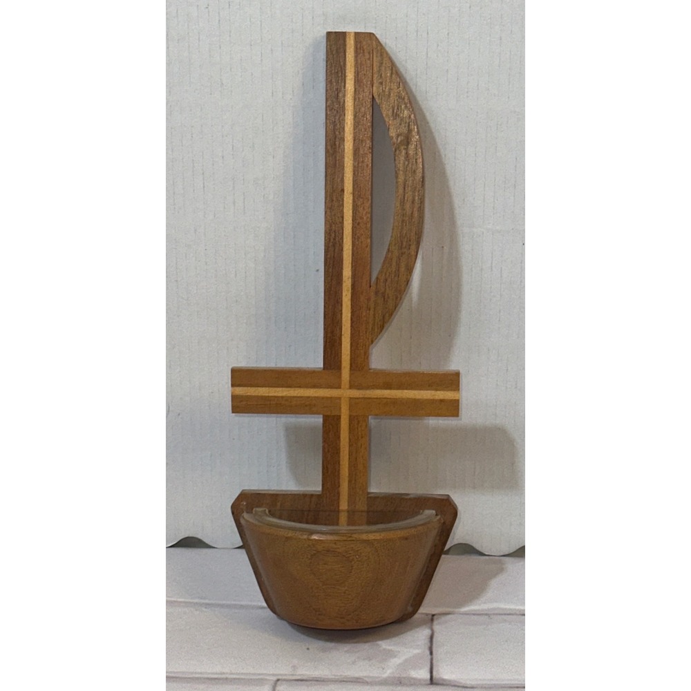 Vintage West Germany Wood Holy Water Font Chi Rho Cross Handarbeit Wall Mount